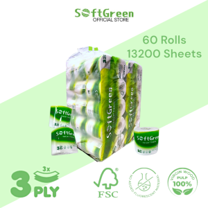 [60Rolls] SoftGreen 4D ARTO Embossed 140g/Roll 3-Ply 13200Sheets Toilet Paper | FSC Certified 100% Natural Premium Virgin Wood Pulp