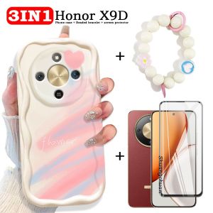 3IN1 For Honor X9D tempered glass film and painted cream phone case Honor X7D X6C X9D screen protector X6B X5B Acrylic cute flower beaded phone lanyard Wristband