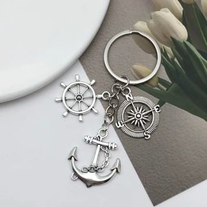 Wanderlust Compass Anchor Rudder Key Chain Lifebuoy Keychain DIY Handmade Keyring Mens Travel Jewelry Gift