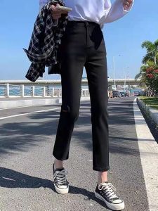 Black high waist straight jeans womens 2022 summer thin section loose and thin