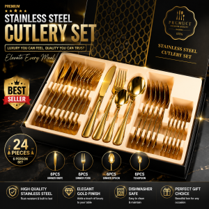 24pcs Elegant Gold Stainless Steel Flatware Set - 4-Piece Cutlery for Dining Gold Cutlery Set Luxury Tableware Cutlery Set Tableware Set Gold Tableware Set Knife Fork Spoon Dishwasher Tabl