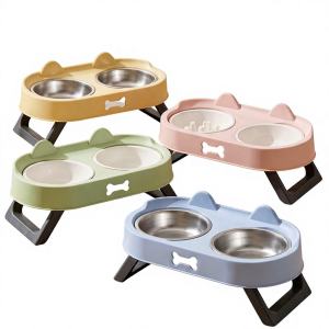 AP AIMAYAPET Pet Feeding Bowl Stainless Steel Double Bowl Neck Protector Foldable Raised Design Mangkuk Kucing