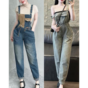 TIENSTYLE - Yếm Quần Jean Dài Hai Dây Rút Eo Một Túi Nhún Eo Không Giãn Dành Cho NữÁo Liền Thân