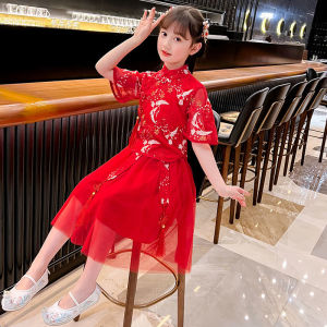 LS Show ชุดกี่เพ้า2ชิ้นสำหรับเด็กผู้หญิงชุดกี่เพ้าแขนสั้นชุดเจ้าหญิงอายุ3-15ปี100-160ซม.