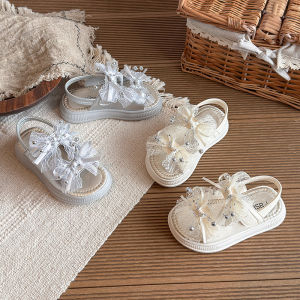 Summer Newest Girls Sandals Princess Shoes Childrens Lace Bow-knot Soft Sole Anti-Slip Little Girl Vacation Party Shoes J06111