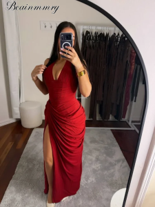 Elegant Solid Halter Pleated Maxi Dress Women Deep V Neck Sleeveless Ruched High Slit Dresses 2026 Lady New Evening Party Gowns2026