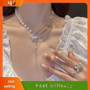 HB Shiny Crystal Butterfly Necklace Exquisite Multi-layer Pearl Clavicle Chain Necklaces for Women 2022 Trend Aesthetic Jewelry