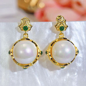 SEQUITO Luxury Ladies Jewelry Gold Plated Green Round AAAAA Cubic Zirconia High Grade Big Pearl Pendant Drop Earrings Prom Accessories SE960