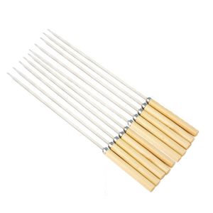 ZYJC SHOP 10pcs/set Tay cầm bằng gỗ Xiên nướng thịt dẹt Chống trượt Chống bỏng Kim nướng thịt dẹt Brochette Tái sử dụng Que nướng thịt bằng thép không gỉ Cắm trại dã ngoại ngoài trời