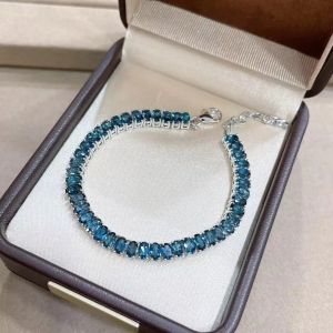 Natural London Blue Topaz Bracelet S925 Silver White Gold Plated Adjustable Tennis Chain Party Jewelry