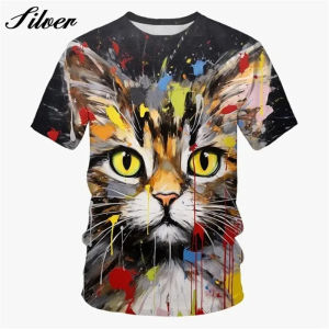 Cute Cat Pattern T-Shirt For Men Colorful Animal 3D Printed T Shirts Women Short-Sleeved Round Neck Tops Streetwear Kids Tees