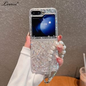 Luxury Glitter Epoxy Wrist Chain Case for Samsung Galaxy Z Flip 6 5 4 3 flip6 ZFlip Bling Pearl Bracelet Acrylic Hard Cover