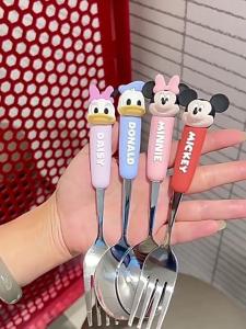 Mickey Minnie Kids Stainless Steel Spoon Fork Cartoon Non-Slip PVC Handle Dining Utensils