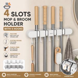Wall Mount Mop Holder 4 Slots No Drill Adhesive Organizer Rack With Hooks Clips For Bathroom