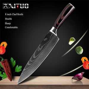 Pisau Dapur Daging Damascus Pattern Stainless Steel Super Tajam & Anti Karat - Bonus Sarung Pelindung