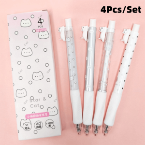 DIVATEN 4Pcs/Box 0.5mm Kitten Neutral Pen Black Ink Quick Dry Cartoon Ballpoint Pens Kawaii Super Smooth Automatic Pressing Pen Student Stationery
