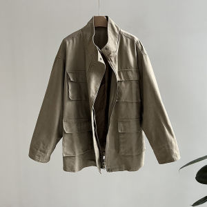 2026 Fall New Women Vintage Cargo Jacket Stand Collar Zipper Loose Casual Versatile Outerwear
