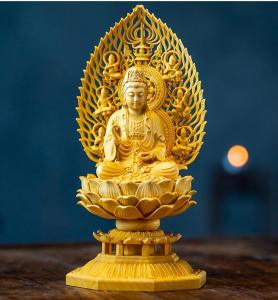 Sitting Lotus Flower Guan Yin Statue - Exquisite Buddha Statue Handcrafted Wood Carving of the Mercy God Perfect for Feng Shui and Home Decor Symbolizing Compassion Serenity and Spiritual Protection
