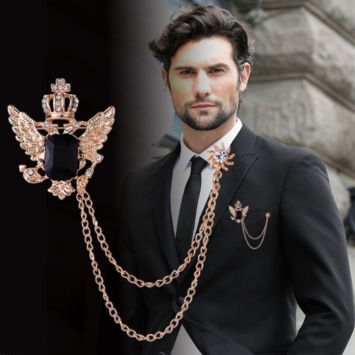 Korean Personality Wings Crown Brooch Crystal Tassel Chain Lapel