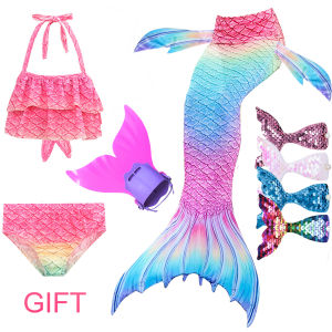 4PCS Girls Children Sparkle Mermaid Swimsuit With Monofin For Kids Height 100-155CM can be used as Birthday Party Dress Or gifts Costumes Flipper Colourful Bikini clothing Cheap