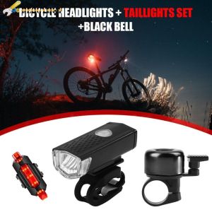 Rechargeable LED Bike Light Set - Front Headlight and Rear Taillight with Bell - Night Safety for MTB Riders - Bright White and Red Colors