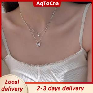 [COD] AqToCna Ship within 24 hours Double Layer Clavicle Chain Necklace Jewelry Zircon Butterfly Pendant Necklace for Women Accessories