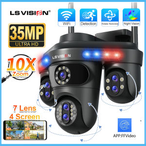 LS VISION 7 Lens 4 Screen 35MP 3 PTZ 10X Optical Hybrid Zoom Lens WIFI CCTV Camera Humanoid Detection Automatic Tracking Bluetooth Security Camera IP66 Waterproof Outdoor Full Color Night Vision Two-Way Audio IP Cameras