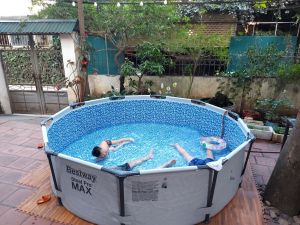 Bể bơi khung kim loại chịu lực kích thước TRÒN 3.05m x 76cm Bestway 56406 Siêu Bền và An Toàn quà trị 250k :1 bóng 2 phao  bộ vá dự phòng
