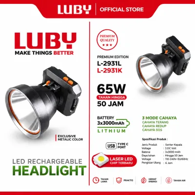 LUBY Senter Kepala LED 65 Watt Baterai 9000mAh Lithium Jarak Jauh Tahan Lama Type C L-2931