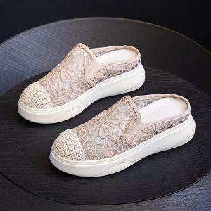 ZEEMIN Womans Summer New Round Toe Lace Outdoor Slippers Thick Sole Non Slip Slip On Casual Lazy Half Slippers Flat Sole Slippers