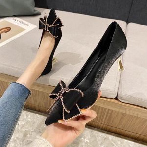 [Free Shipping] 2026 Spring Black High Heels WomenS Stiletto Pointed Toe Bowknot Flats Bridesmaid Elegant Fashion WomenS Shoes