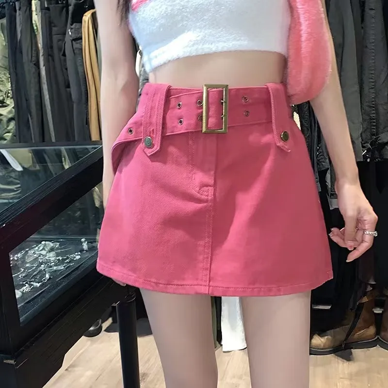 Rose Red High Waist Denim Skirt for Women New Style Korean Fashion