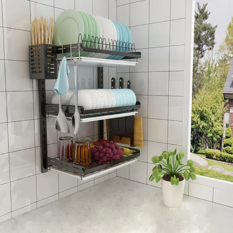 Wall Mounted Dish Rack Dish Drainer Rack Stainless Steel Kitchen Rack Rak  Pinggan