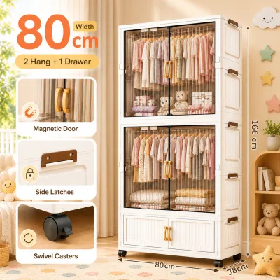 Goody Transparent Plastic Wardrobe Cabinet Babys Foldable Clothes Storage Organizer Space Saver