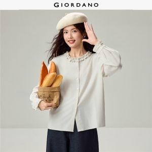 Giordano Beau Monde Women Ruffle trim round neck long sleeve shirt Free Shipping 13346619