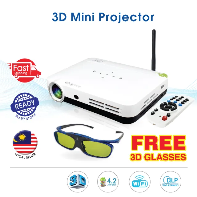 ✅Ready Stock Portable DLP 3D Mini Projector WiFi Bluetooth Handheld Projector Free 3D Glasses