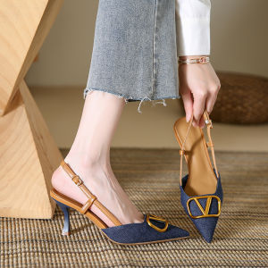[Free Shipping] Korean-Style Elegant Pointed-Toe Stiletto Heels A New Spring/Autumn Collection Versatile And Stylish Denim High-Heeled Sandals