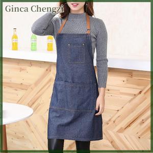 Ginca ผู้ใหญ่ DENIM BLUE Cooking KITCHEN ร้านอาหารทำงานเอี๊ยมผ้ากันเปื้อนชุดพร้อมกระเป๋า