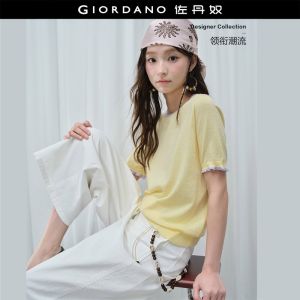 Giordano Women Tipping lettuce trim short sleeve knitwear Free Shipping 18356909
