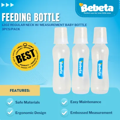 Bebeta F. Bottle with Measurement Hood & Silicone Nipple Regular Neck 12oz 3pcs/pk-White