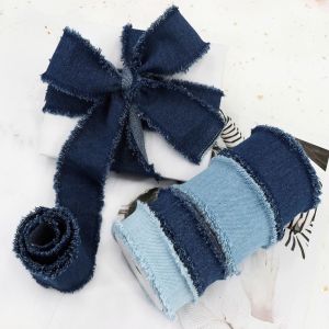 GOUPDO Blue Cowboy Denim Ribbon Solid Color Hairclip Bows Jeans Cloth Fabric 1.5Yards Handmade Fringe Silk Ribbon DIY Sewing
