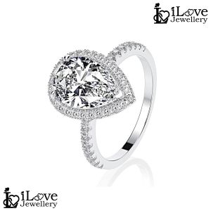 iLove Jewellery 925 Sterling Silver 18K White Gold Plated 3.0ct Pear Cut Zirconia Ring Luxury Engagement Diamond Gift for Women Fashion ILR020
