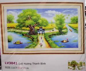 Tranh thêu chữ thập Quê hương thanh bình (về tự thêu) LV3041