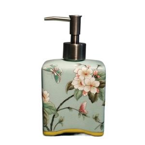 Vintage Hand Soap Dispenser Chinese Style Floral Porcelain Ceramic Soap Bottle Refillable Non-slip Shampoo Container Kitchen