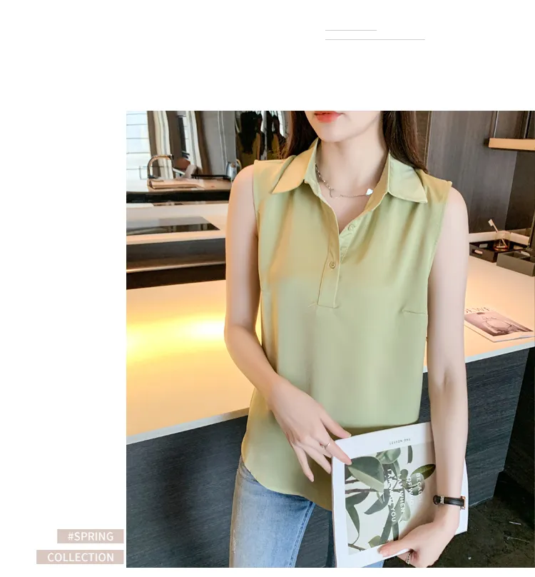 AFEG New Korean Style Shirt Collar Fashion Loose Versatile Chiffon  Sleeveless Tank Top for Women