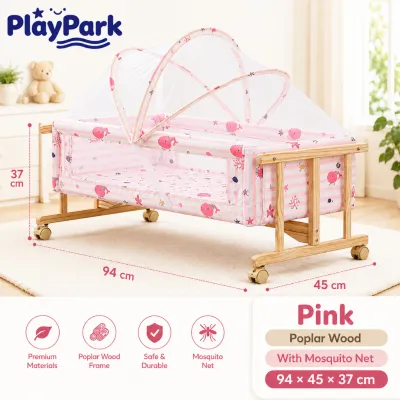PlayPark Wooden Baby Crib with Mosquito Net Rocking Bassinet Portable Baby Cot with Wheels Newborn Cradle Bed