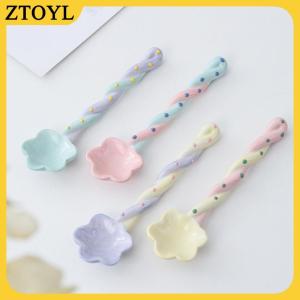 ZTOYL 1 cái gốm dài xử lý muỗng dễ thương Kem tay sơn tráng miệng muỗng với dài xử lý Bộ đồ ăn nhà bếp phụ kiện
