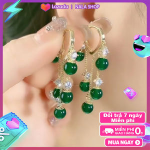 [Hoàn Tiền 20%] Bông tai đính đá xanh tua rua kiểu dáng lấp lánh phong cách ngầu QE925 thích hợp đi dạo BSTKL - [NaLa Shop]