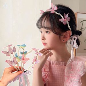 Korean Girls Pearl Butterfly Braided Headband Princess Fairy Mesh Pearl Headband for Kids Children