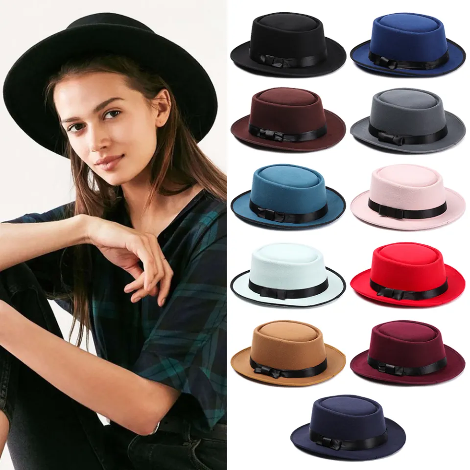1pc Fashion Cool Vintage Woolen Fedora Hat Wide Brim Flat Top Jazz
